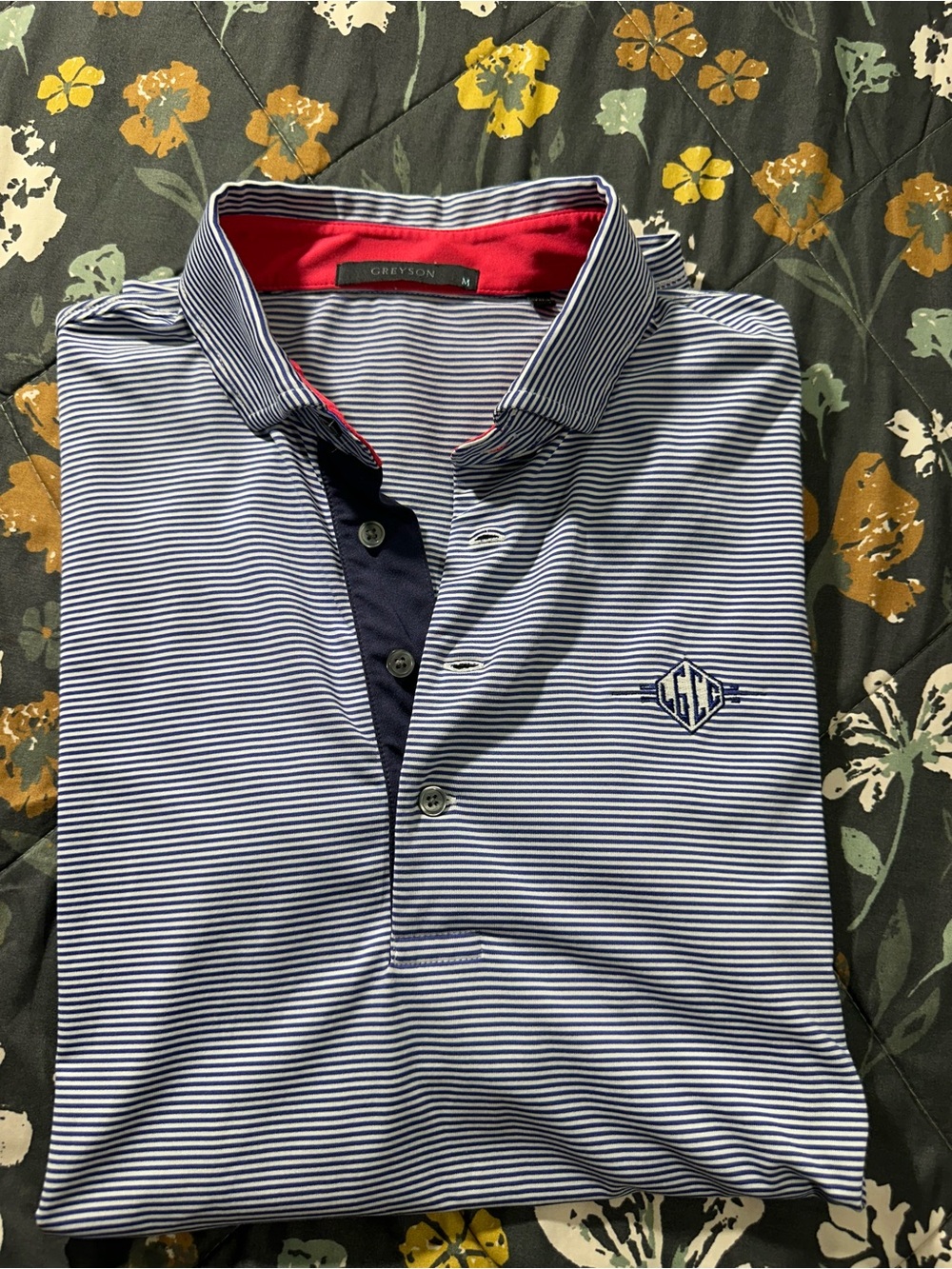 Greyson Men’s Navy & White Micro-Striped Polo with Red Collar Lining SizeMedium